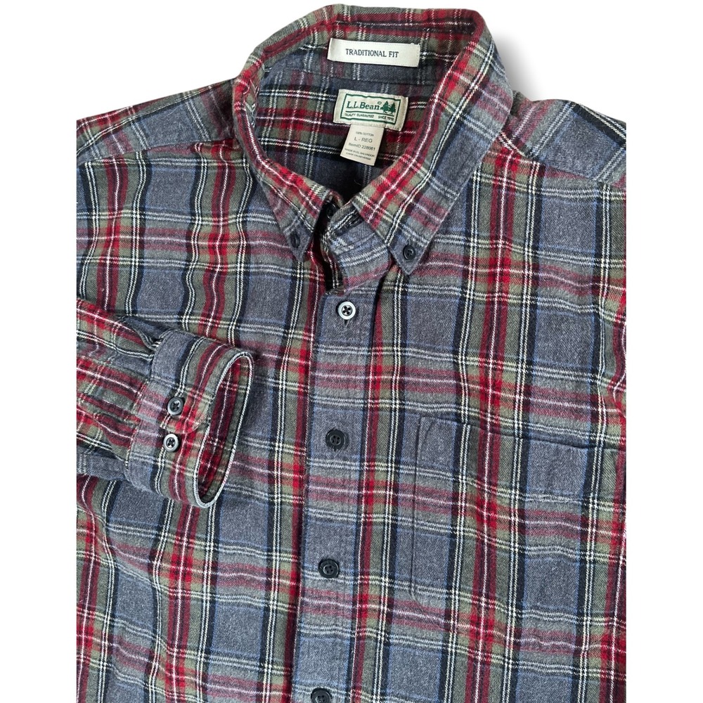 LL Bean Mens Flannel Shirt L Large Traditional Fit Gray Red Plaid 228061
